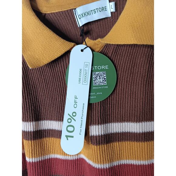 New OXKnit Store Retro Polo Sweater Large Brown Mustard Striped Ribbed Knit Top - Picture 13 of 15